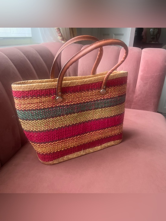 Handbags - Striped Straw Tote Bag with Pink, Natural & Mint Accents